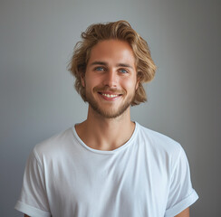 Wall Mural - A handsome young man smiles at the camera with a white background