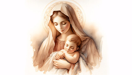 A tender watercolor painting of the Virgin Mary holding baby Jesus, enveloped in a warm, soft glow. Mary is depicted with a serene expression