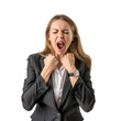 © Exnoi - A woman in a business suit is yelling and clenching her fists, isolated on transparent background