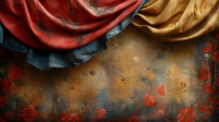 Leinwandbilder - Captivating Blend of Vibrant Red and Warm Yellow Hues in Distressed Vintage Fabric Backdrop