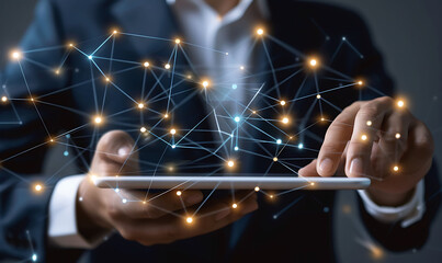 Leinwandbilder - A business professional using a digital tablet with a virtual overlay of interconnected nodes, representing CRM technology and global networks
