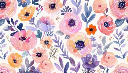 Sticker - Watercolor Floral Pattern on White Background