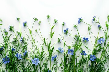 A group of blue flowers against a white wall