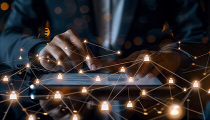 Leinwandbilder - A businessman using a digital tablet to engage with a virtual network of customer and HR icons, demonstrating advanced technology for CRM and recruitment