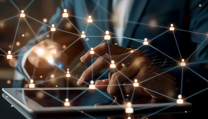 Leinwandbilder - A businessman using a digital tablet to engage with a virtual network of customer and HR icons, demonstrating advanced technology for CRM and recruitment