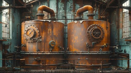 Poster - Dilapidated Industrial Factory Machinery and Equipment in Abandoned Workshop