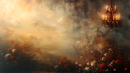 Aufkleber - Enchanting Ethereal Landscape with Chandelier Illuminating Moody Woodland Scene