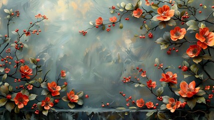 Aufkleber - Enchanting Red Floral Blossom Branches with Lush Foliage in Serene Natural Setting