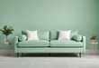© Ali Hamza Tullah - modern living room with sofa, Soft green sofa on green background, 3D illustration, AI generated image. Modern minimalistic living room interior detail. Cosiness, social media and sale concept, creati
