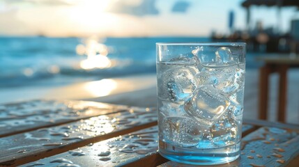 Wall Mural - A refreshing glass of water with ice cubes on a wooden table, overlooking a beautiful beach at sunset. Perfect for summer relaxation.