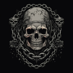 Wall Mural - gray skull and chain for illustration clothing design, black background,