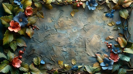 Poster - Lush Autumnal Floral Backdrop with Vibrant Leaves and Berries in Rustic Vignette Style