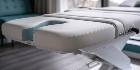 Empty massage couch in the interior of a cosmetologist spa office or spa center.