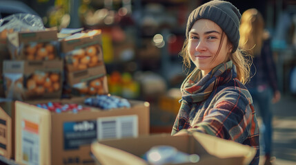 someone donating food, clothing, essential items to those in need, dropping off supplies at donation center, participating in food drive, organizing charity event.