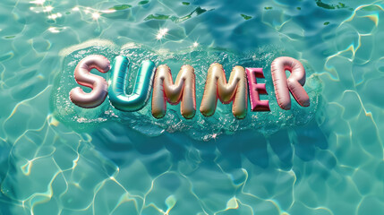 Wall Mural - colorful summer text made from pool floats on a sparkling turquoise pool