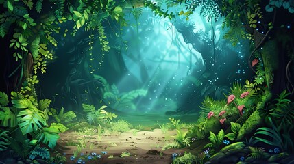 illustration of a magical jungle with a fantasy background in the style of a cartoon