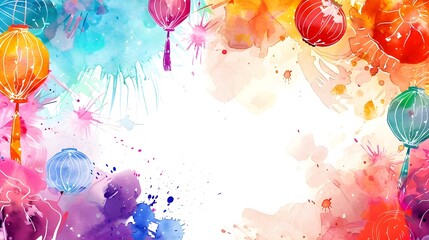 Vibrant Carnival with Watercolor Splashes and Floating Lanterns