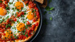 © Natallia - An appetizing dish with eggs, tomatoes and herbs, served next to slices of homemade bread