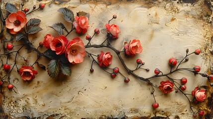 Poster - Vintage Floral Arrangement with Vibrant Red Roses and Lush Foliage on Aged Textured Background Romantic and Botanical Backdrop for Poster Wallpaper