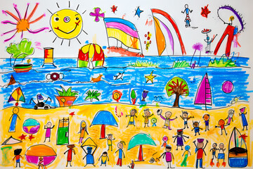 Poster - Drawing of beach with people and umbrellas on it.