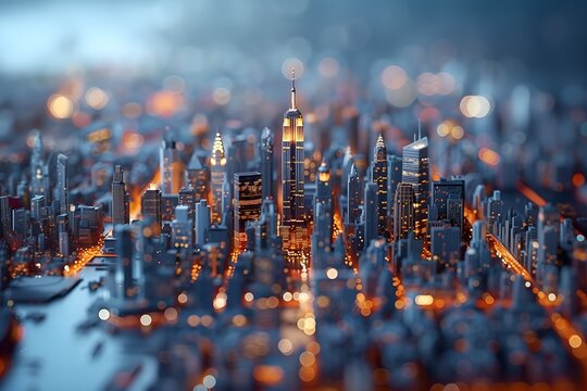 3D illustration design of panorama aerial view of mega city in metal material texture, city center of Manhattan river bank,  tilt-shift lens effets