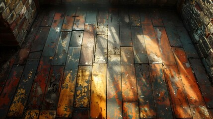 Aufkleber - Weathered and Distressed Rustic Wood Planks Flooring with Moody Atmospheric Lighting in Interior Space