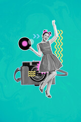 Sticker - Exclusive magazine picture sketch collage image of carefree pin up lady enjoying retro party isolated creative background