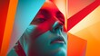 © Zhanna - Close-up portrait of a woman's face partially obscured by bold, geometric shapes in a surreal, colorful lighting setup.