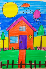 Poster - Drawing of house with purple door and yellow door.