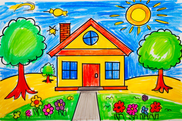 Wall Mural - Drawing of house with red door and red roof.