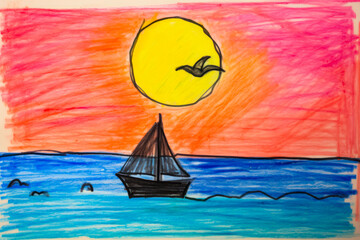 Poster - Drawing of boat in the ocean with sun in the background.