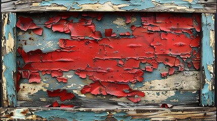 Poster - Weathered Wooden Facade with Peeling Crimson Paint and Distressed Textures