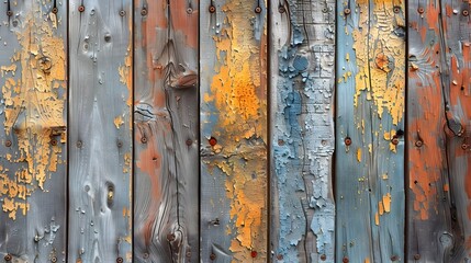 Poster - Weathered Wood Planks with Peeling Paint and Vibrant Color Accents on Rustic Vintage Textured Background
