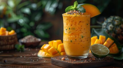 Canvas Print - a healthy and delicious concept tropical mango smoothie topped with a slice of fresh fruit, perfect for a refreshing treat