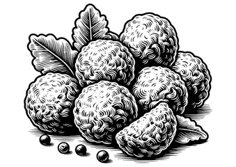 Wall Mural - meatballs sketch engraving generative ai PNG illustration. Scratch board imitation. Black and white image.