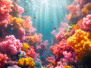 Wall Mural - A vibrant coral reef teems with life, including fish and a sun beam shining down.