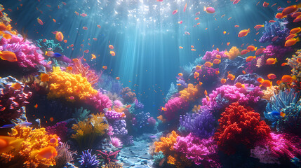 a vibrant coral reef teems with life, including fish and a sun beam shining down.