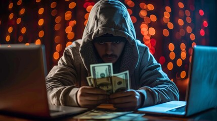 the photo shows a person in a dark hoodie counting money in front of two laptops. the background is 