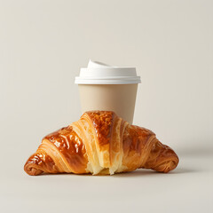 Coffee cup with croissant isolated on white background. French breakfast