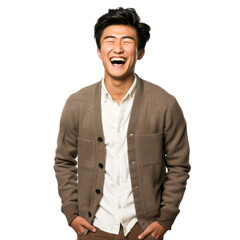 Wall Mural - A man is smiling and wearing a brown sweater and white shirt, isolated on transparent background