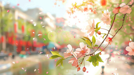 A painting of a cherry blossom tree with pink flowers