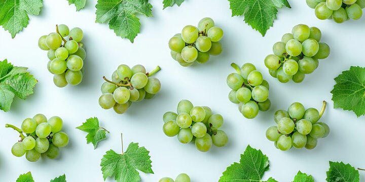A cluster of freshly ripe green grapes on a vine placed on a white backdrop with ample space for background text, Generative AI.