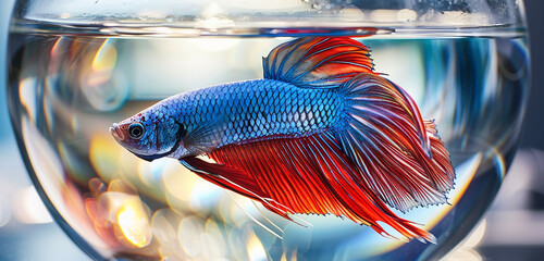 A vibrant betta fish isolated in a glass bowl, with its flowing fins and jewel-toned scales catching the light.