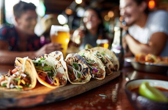 A group of friends enjoying tacos and beer at an urban restaurant, laughing together while eating their mouthwatering dishes.