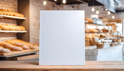 Wall Mural - Blank mock-up board on blurred background of bakery shop. Generative ai