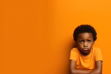 Wall Mural - Orange background sad black American independent powerful Woman. Portrait of older mid-aged person beautiful bad mood expression girl Isolated