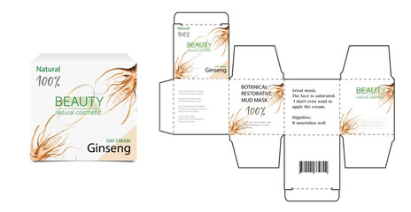 Design of the cosmetic packaging template. Cut. Cosmetic cream mask with ginseng in a closed box. Realistic 3D model.