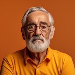 Orange background sad european white man grandfather realistic person portrait older person beautiful bad mood old man Isolated on Background 