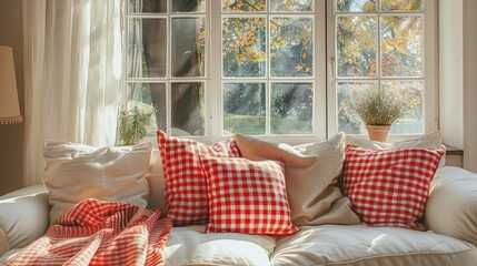 A white couch with red and white checkered pillows and a red blanket