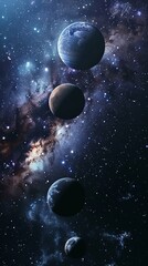Wall Mural - Three-dimensional view of outer space and three planets.